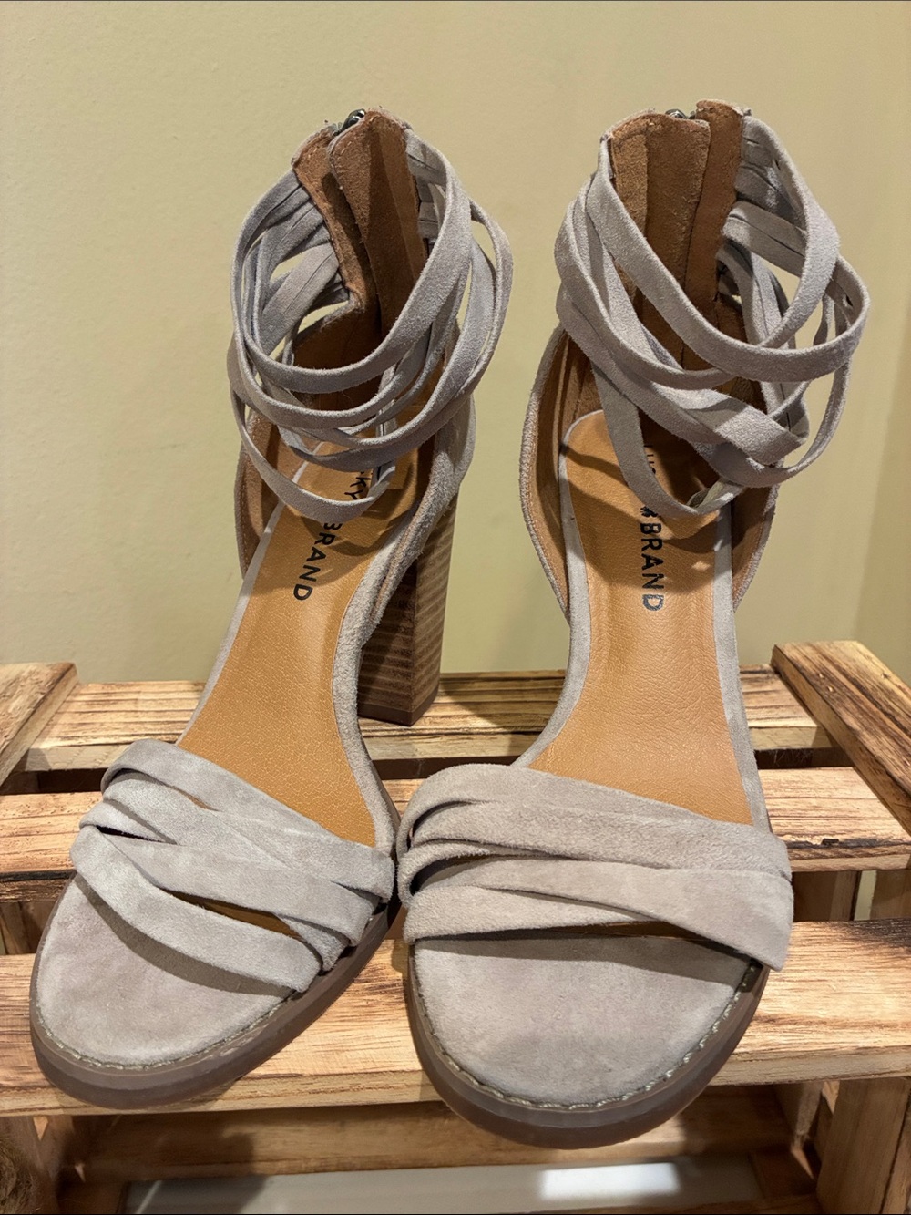 Lucky Brand Light Taupe Suede Block Heel Sandals with Wrap Straps